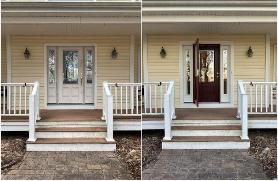Slide 2: On the left is the original door to this home with decorative shaped glass. On the right, we have installed a system with sidelite panels and blinds that raise and tilt.