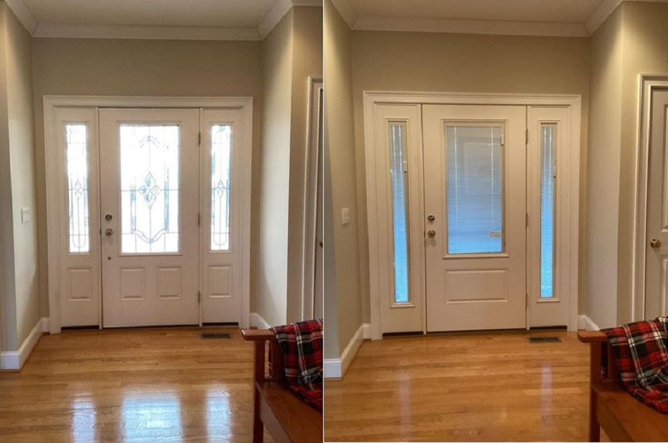 Slide 3: The original door and sidelites (on left) had decorative three quarter glass, and were replaced with full view sidelites and three quarter view door all with raise-tilt blinds between the glass.