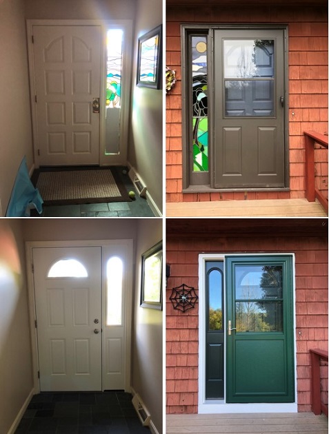 Slide 5: An entryway gets more natural light with a half-circle shaped window in the top portion of the door, and a matching arched window in the door side panel