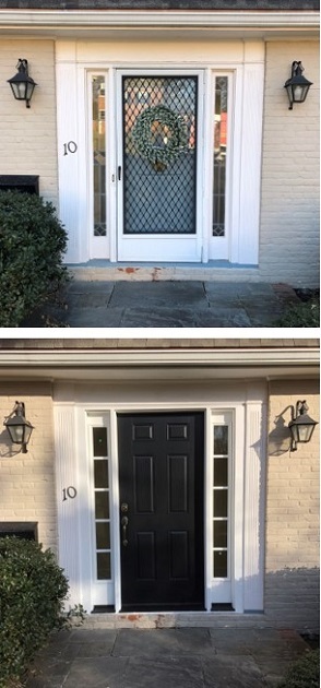 Slide 6: A front door adopts a regal appearance with a solid black door flanked by side panels with full-height small window panes, all in white trim